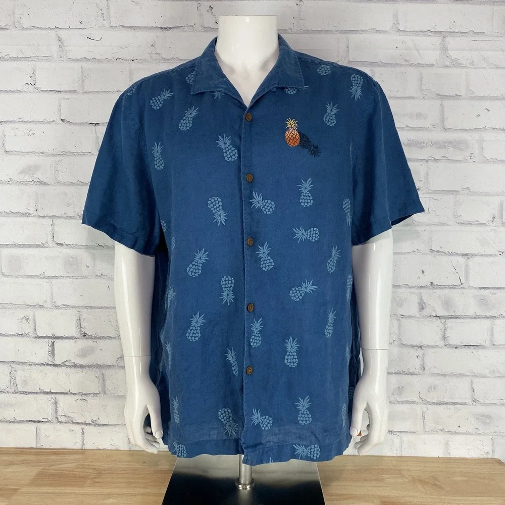 Tommy Bahama Shirt Men's Size XL‎ Linen Button Up Hawaiian Floral Pineapples - Picture 2 of 15